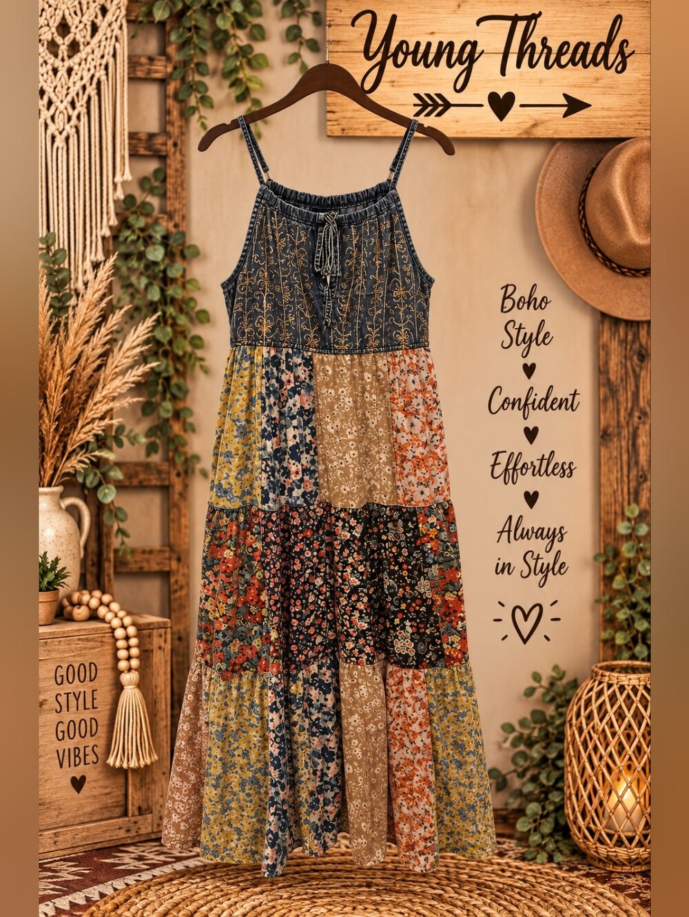 272 Boho Floral Patchwork Midi Dress with Adjustable Straps
